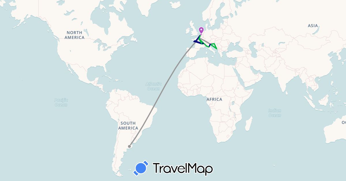 TravelMap itinerary: driving, bus, plane, train in Argentina, Belgium, France, Croatia, Italy (Europe, South America)